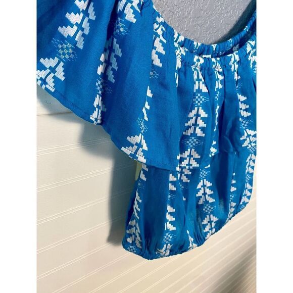 Elan Blue Ruffle Top Short Sleeve Peasant Style Blouse Size Medium NWT - Picture 3 of 8